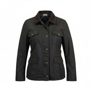 LOFT Utility Field Jacket Women XL Black Faux Waxed CottonCorduroy Collar Floral